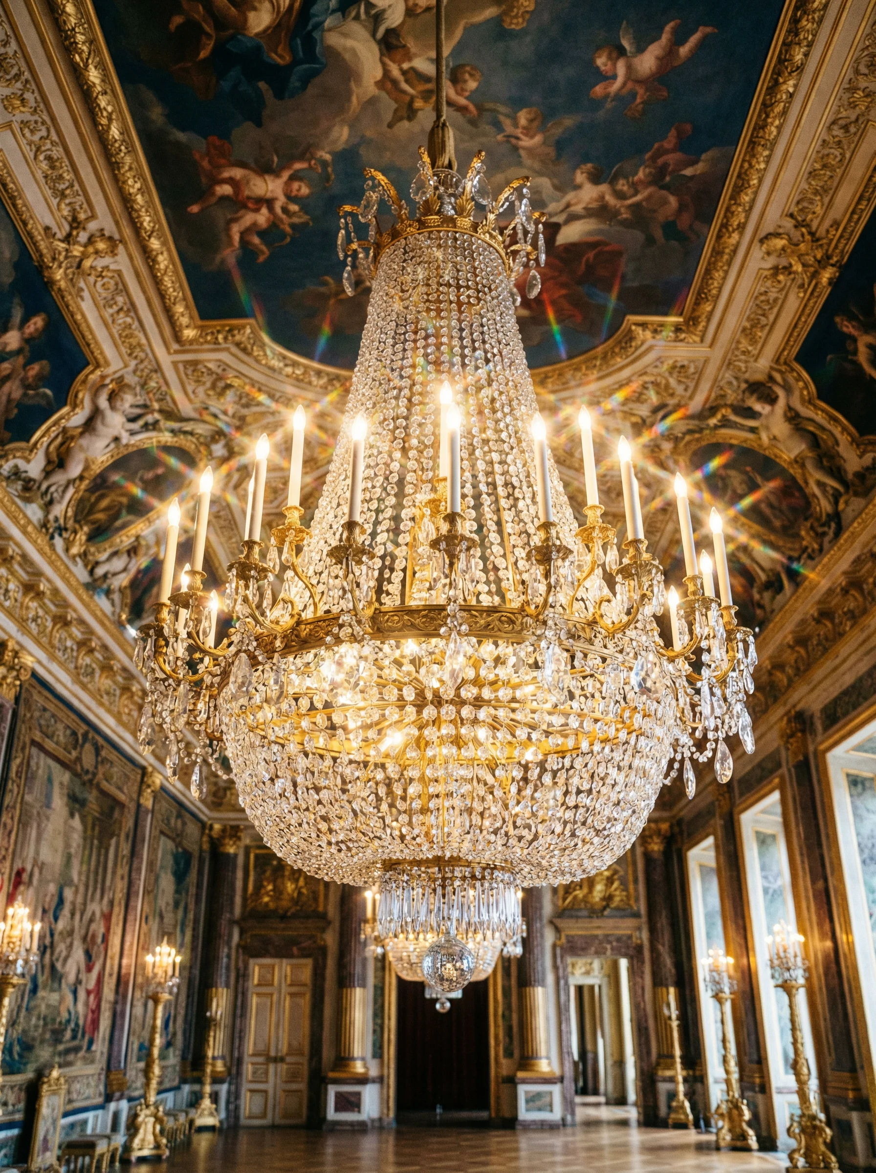 巴洛克风格水晶吊灯，在 真人百家乐 宫殿中散发璀璨光芒