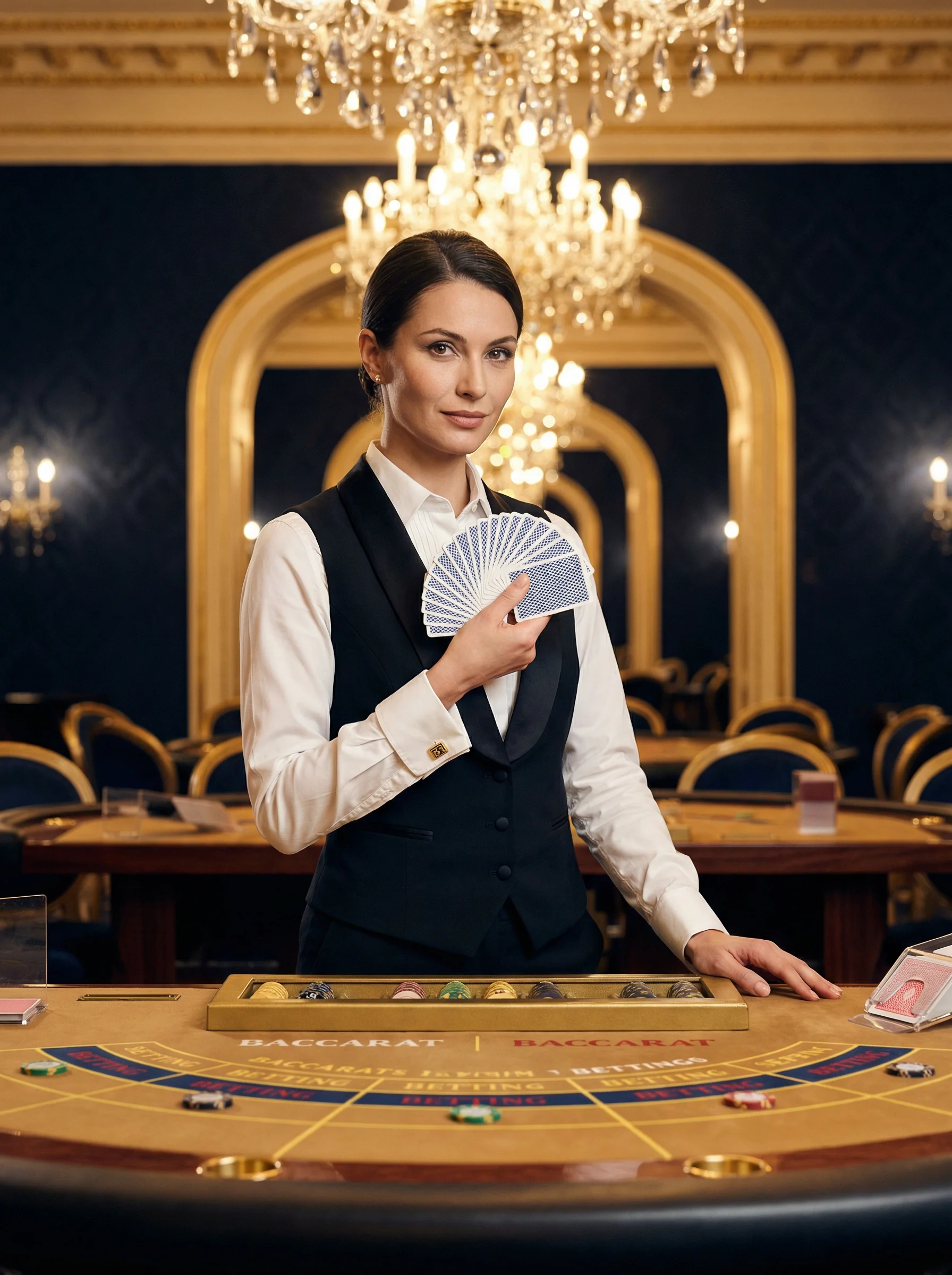 专业优雅的荷官在 真人百家乐 牌桌前服务，展现卓越风采